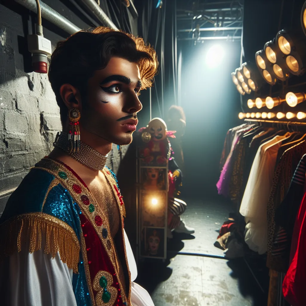 Image of a college athlete in theatrical makeup and costume backstage, preparing for a stage performance.