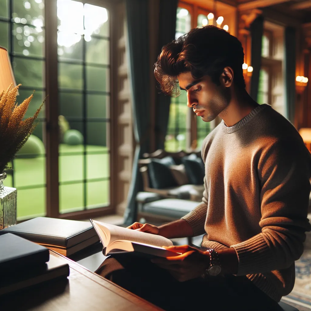 Imagen de un joven estudiando libros de medicina en una opulenta mansión mientras observa pensativo por una ventana.