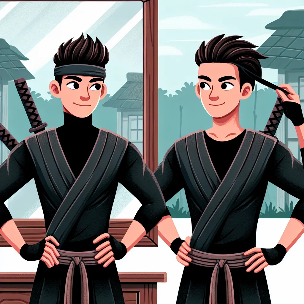 Ilustrasi Sasuke yang meniru gaya Kurenai, mengenakan pakaian serupa dengan gaya rambut yang ditata, berdiri di depan cermin dengan ekspresi serius namun berusaha terlihat santai. Latar belakang menunjukkan suasana desa Konoha yang tenang.