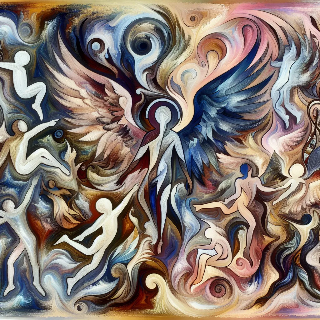 Transformation, Lucifer, Angels, Family, Identity in an abstract style