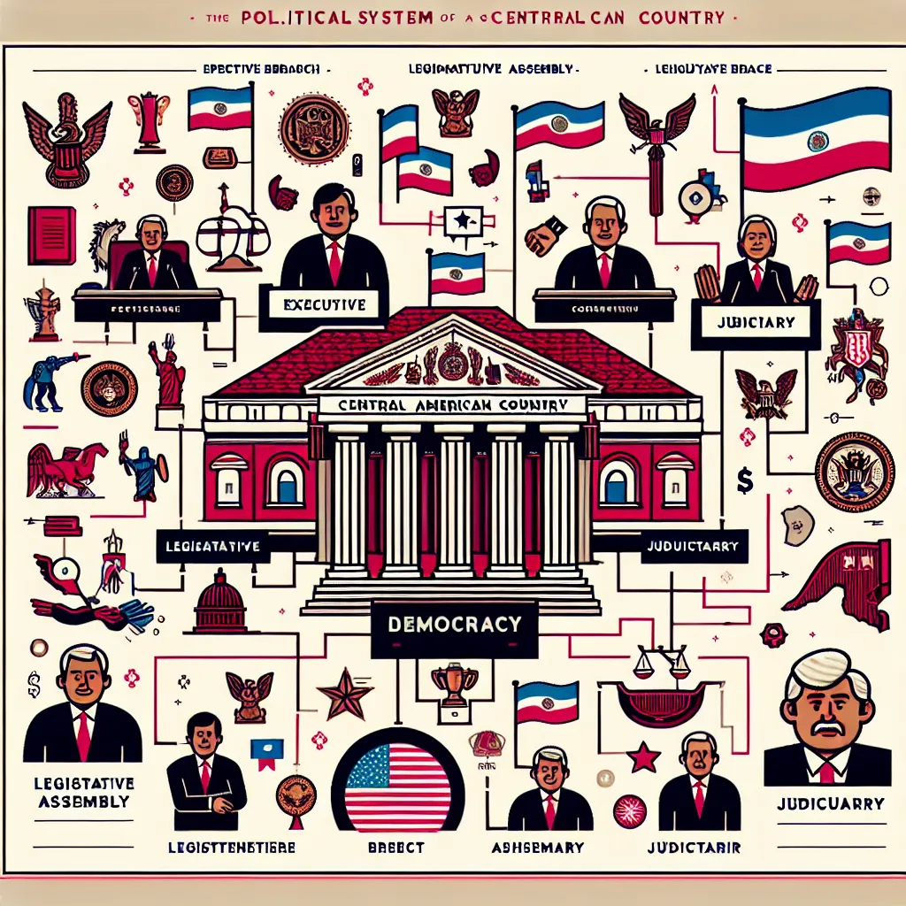 Infographic illustrating the political system of El Salvador, featuring key elements like the executive branch, legislative assembly, and judiciary, with symbols representing democracy and governance.