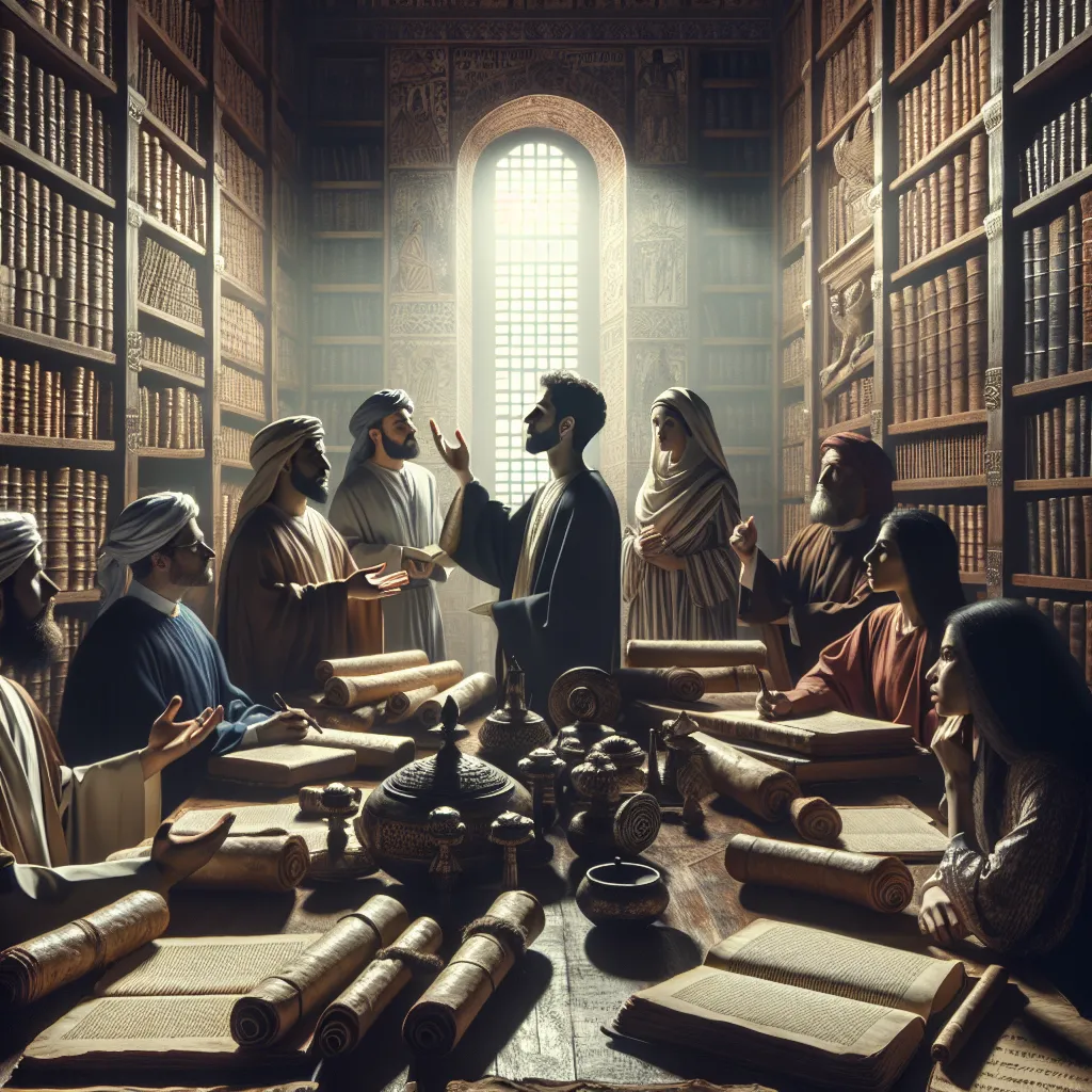 Image depicting a historically-themed library setting, with ancient scrolls and texts about Josephus and early Christianity, highlighting a scholarly discussion.