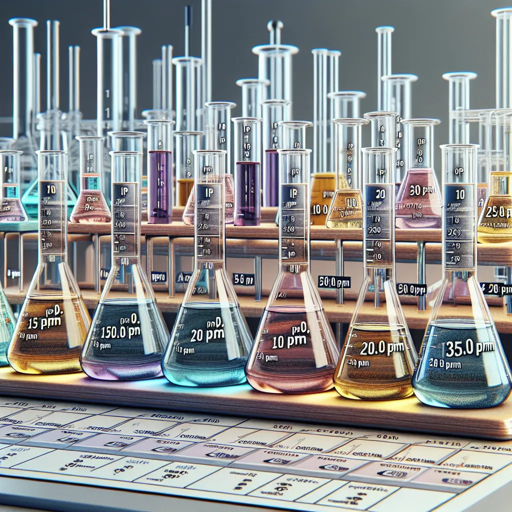 Photograph illustrating a lab setup with various glassware containing colored solutions, each labeled with different concentrations (1 ppm, 2 ppm, 5 ppm, 10 ppm, 20 ppm, 30 ppm) derived from a 250.0 ppm stock solution for a spectrophotometry experiment.