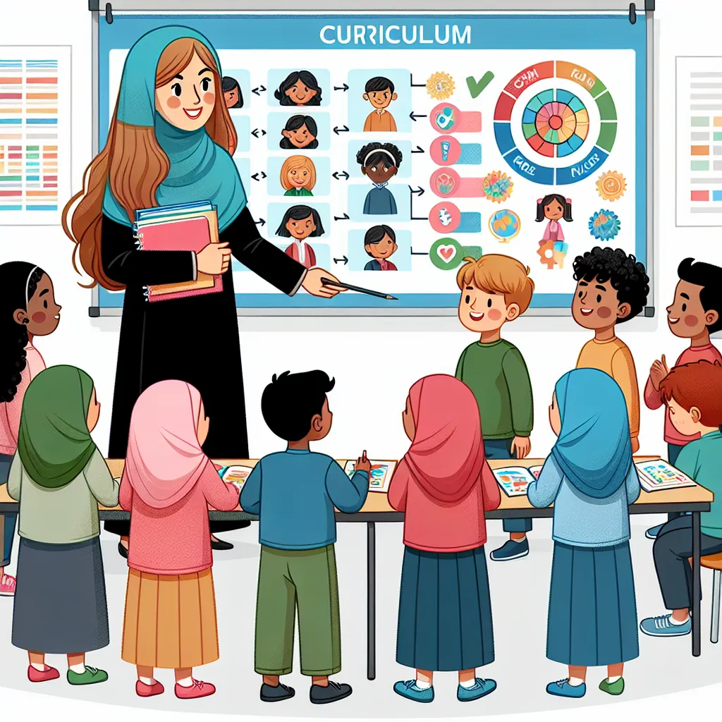 Illustration of a classroom scene with a teacher using a large, colorful curriculum chart while students engage in organized group activities.