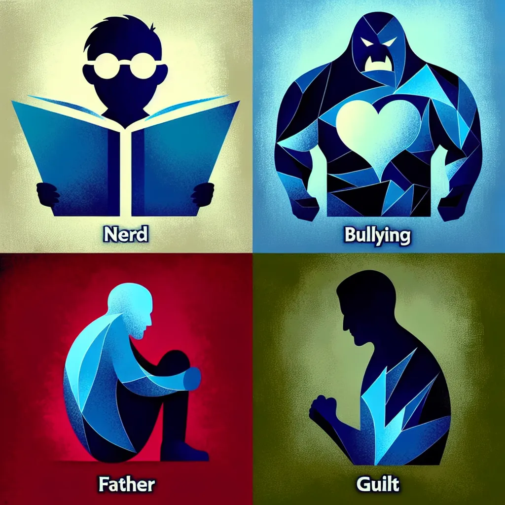 Nerd, Bullying, Corazón, Padre, Culpa in an abstract style