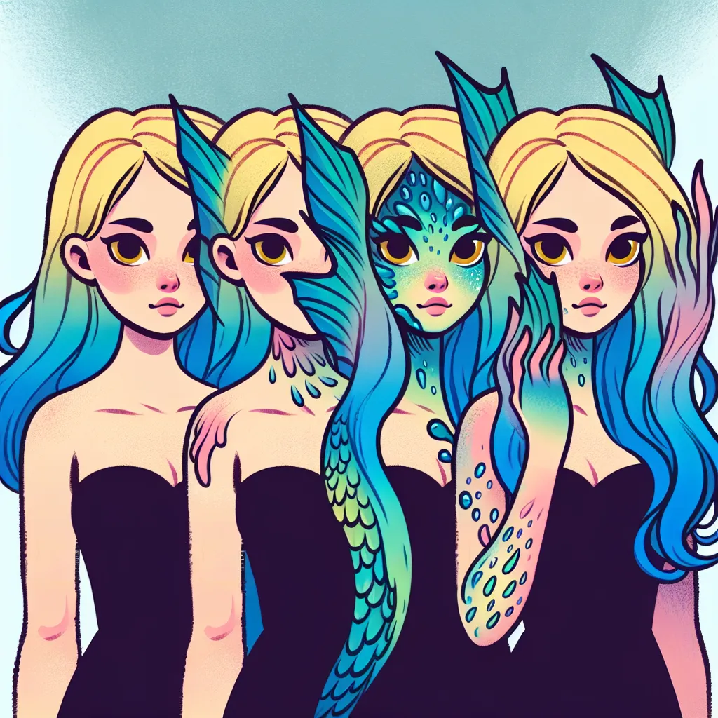 Illustration of a girl transforming into her favorite Monster High character, Laguna Blue, with subtle changes like gills on her arms and hair turning into a blue and blonde mix.