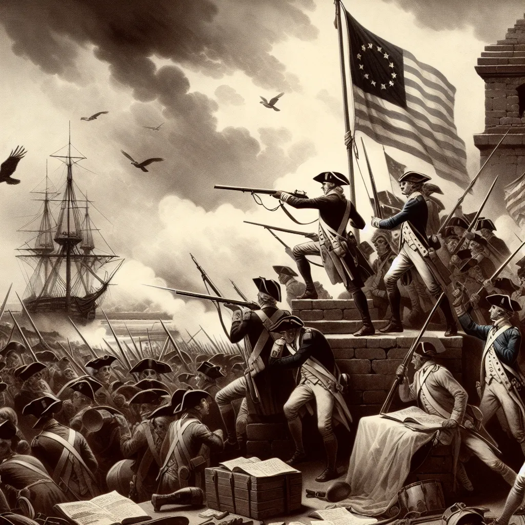 Historical illustration depicting key events of the American Revolution, featuring patriots and battles from the late 18th century.