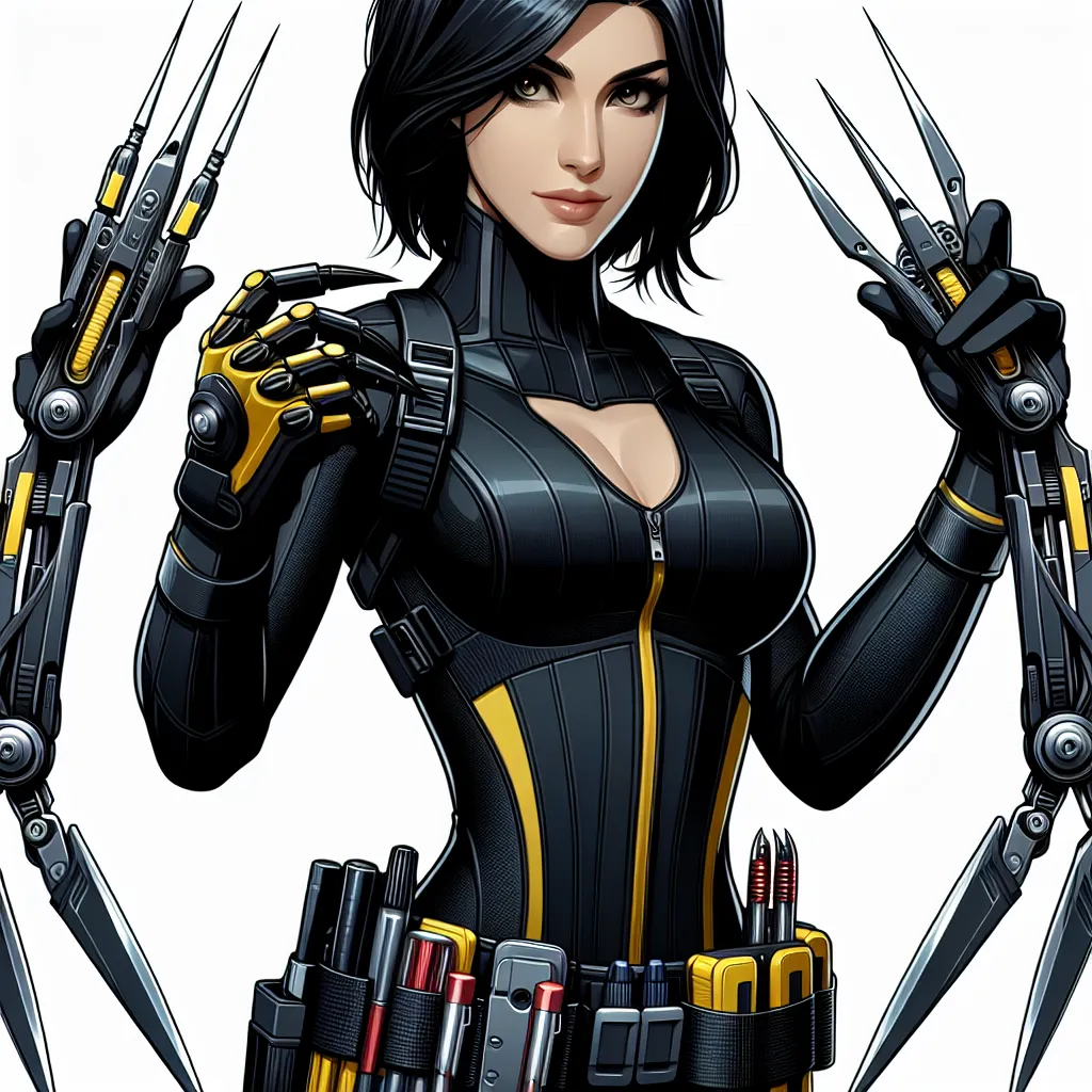 Digital illustration of Laura Kinney, a.k.a. X-23, showcasing her tactical gear, including sharp retractable claws, a sleek black suit with yellow accents, and a utility belt filled with gadgets.