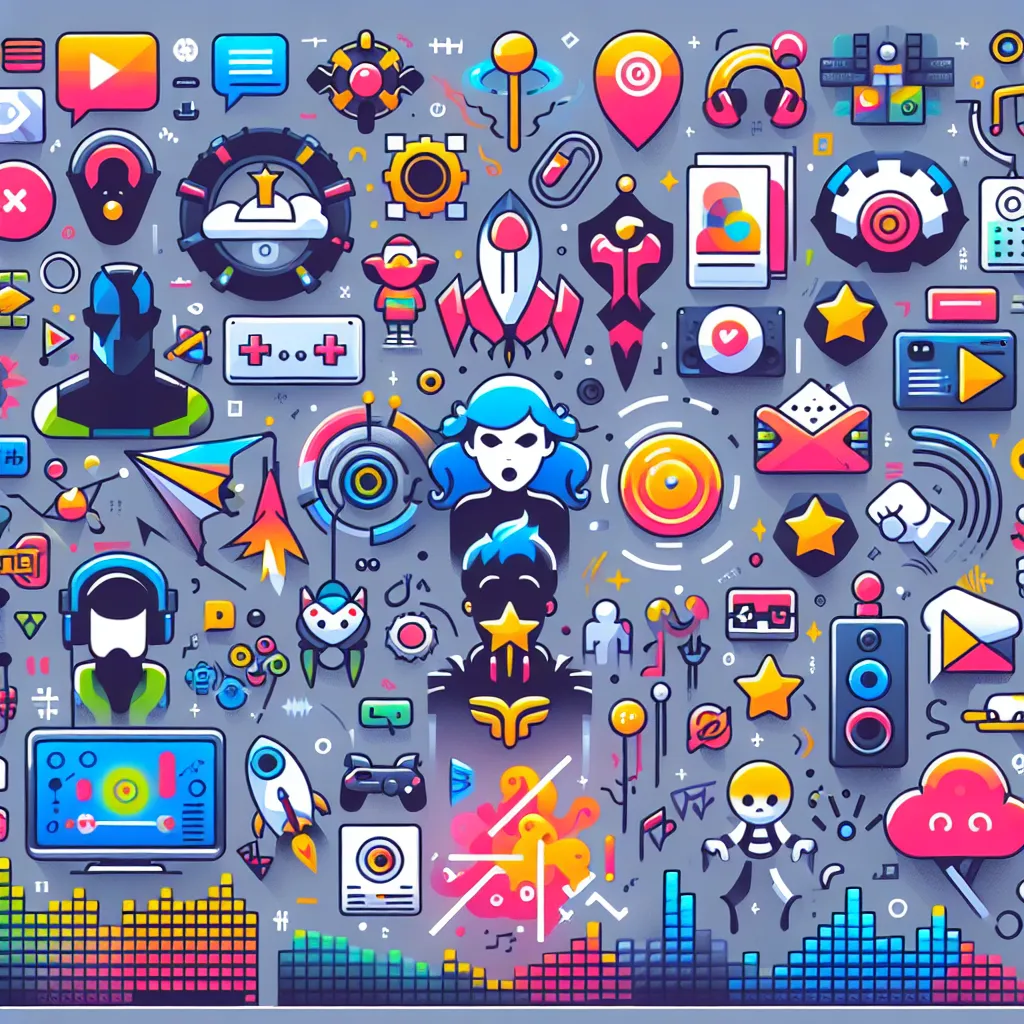 Illustration of various game assets, including sound effects waves, colorful icons, and animated game characters and sprites, arranged in a visually engaging layout.