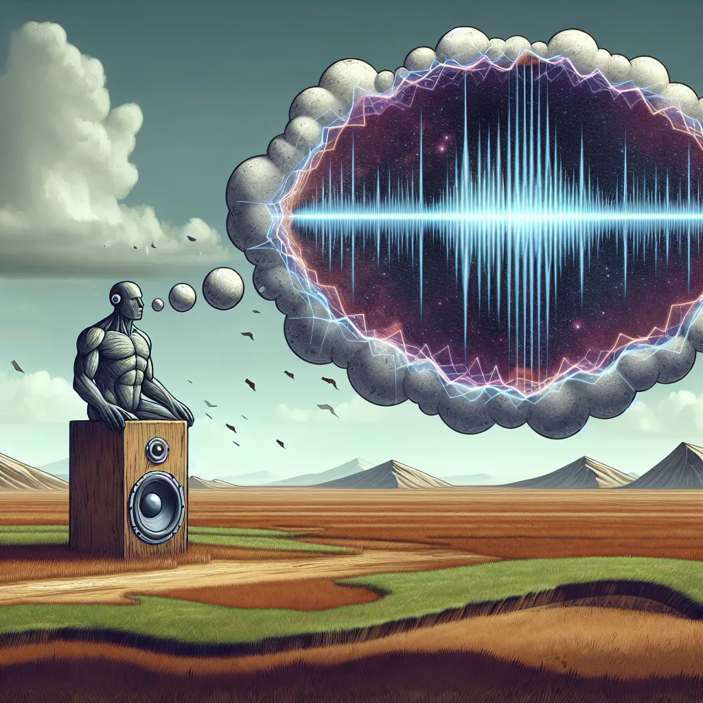Illustration of a giant speaker in an open landscape, surrounded by sound waves radiating outward, with a thought bubble showing an exaggerated sound wave amplitude labeled "Theoretical Infinite Sound."