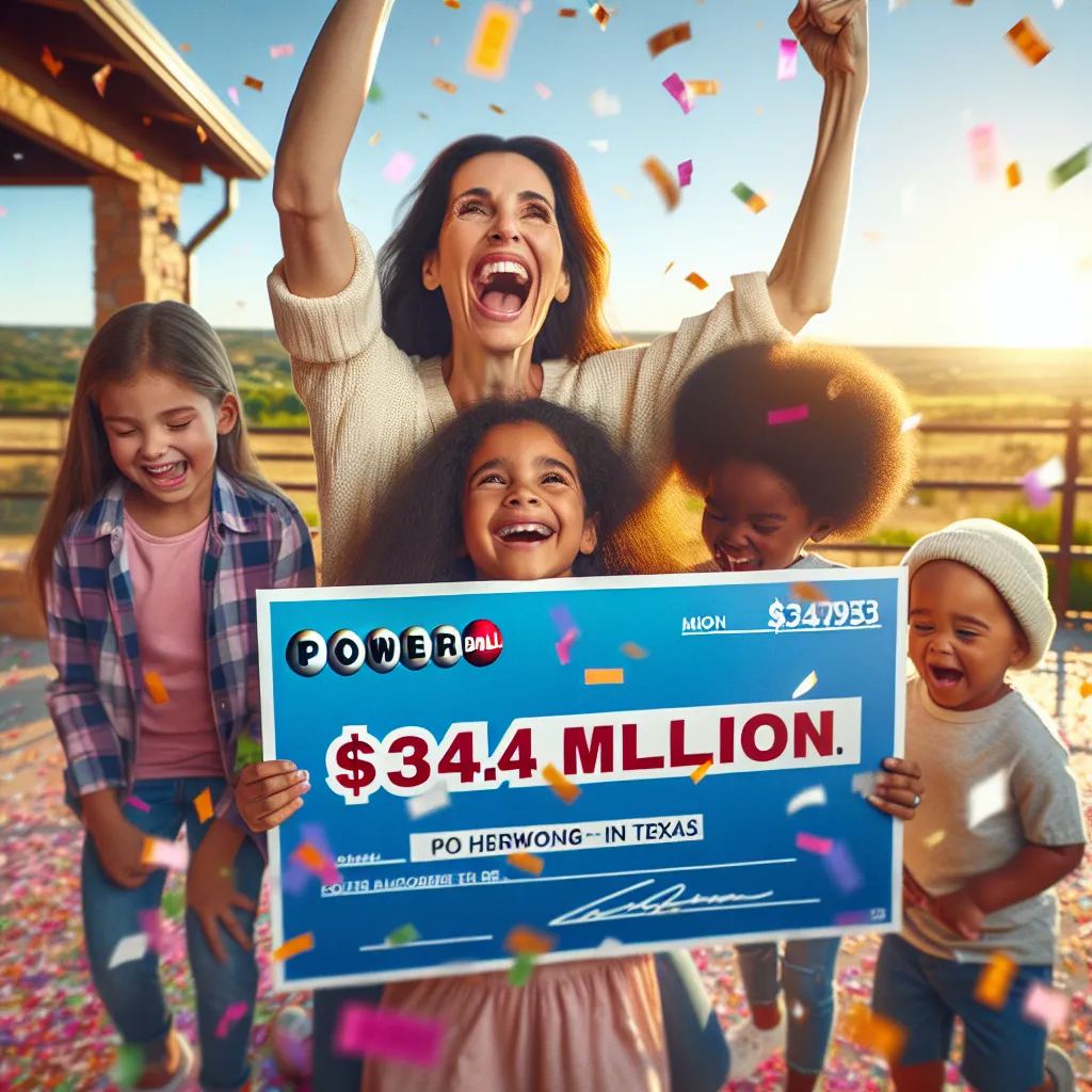 Image of a joyful woman in Texas celebrating with her children, surrounded by confetti, holding a giant Powerball check for $344.6 million. The background features a sunny Texas landscape.