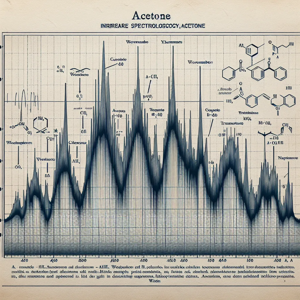 Image of a graph showing the Infrared Spectroscopy (IR) results for acetone with labeled peaks and annotations.