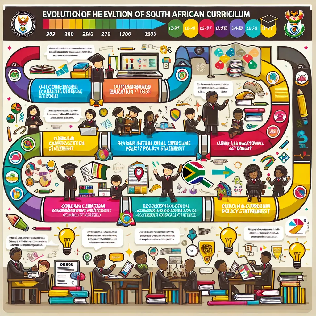 **Hypothetical Image Description:**

A vibrant infographic illustrating the evolution of the South African education curriculum, featuring key elements like "Outcome-Based Education (OBE)", "Curriculum 2005", "Revised National Curriculum Statement (RNCS)", "National Curriculum Statement (NCS)", and "Curriculum and Assessment Policy Statement (CAPS)". The design includes timelines, icons, and icons representing challenges and recommendations in education, all against a backdrop of diverse South A