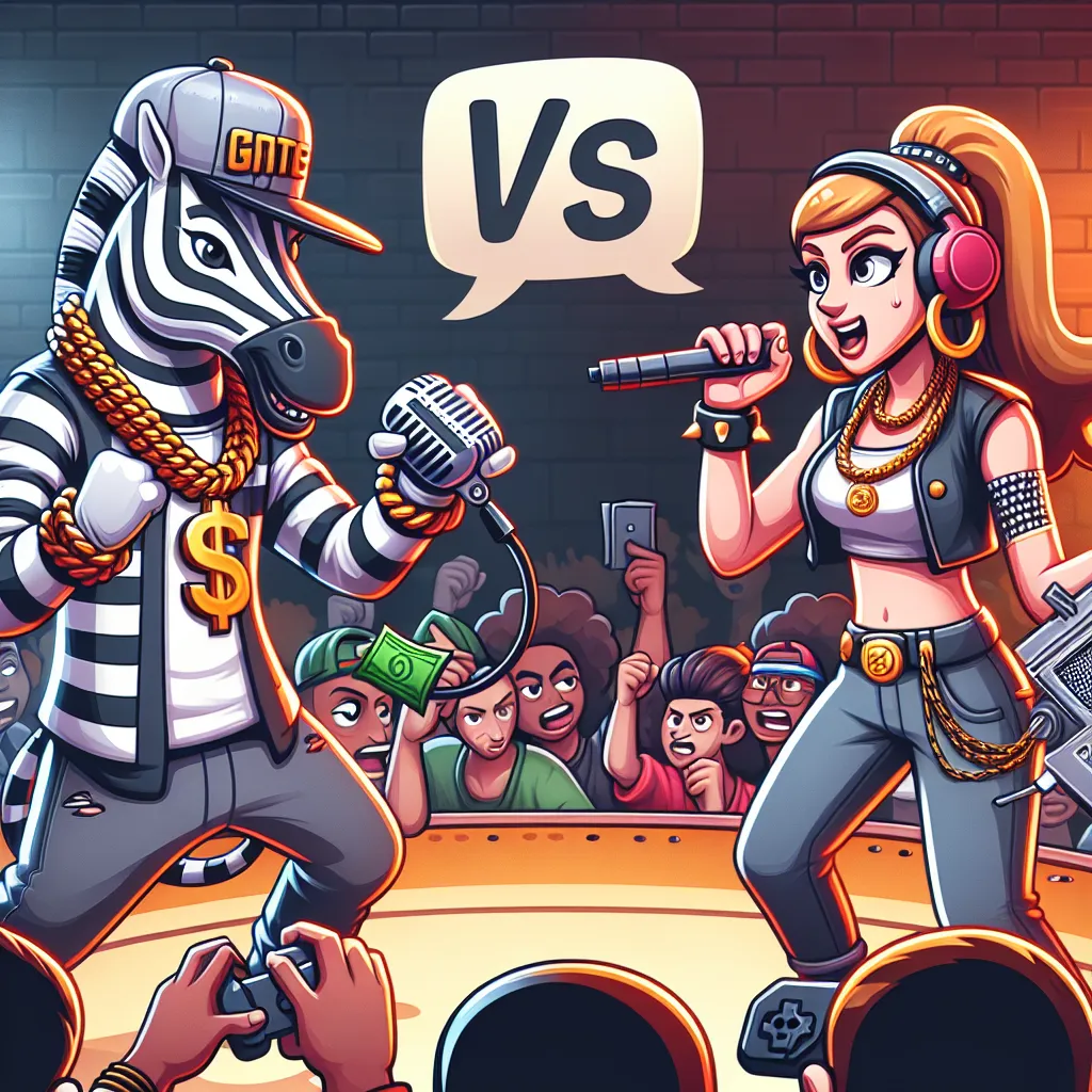 Illustration of a lively rap battle stage featuring a zebra character with gaming gear facing off against a confident female rapper, surrounded by an excited audience.