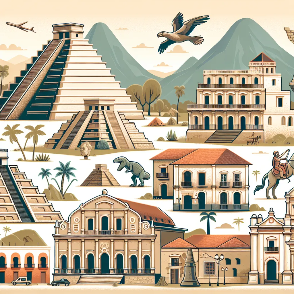 Illustration depicting key historical landmarks of El Salvador, including ancient pyramids, colonial architecture, and modern city scenes.