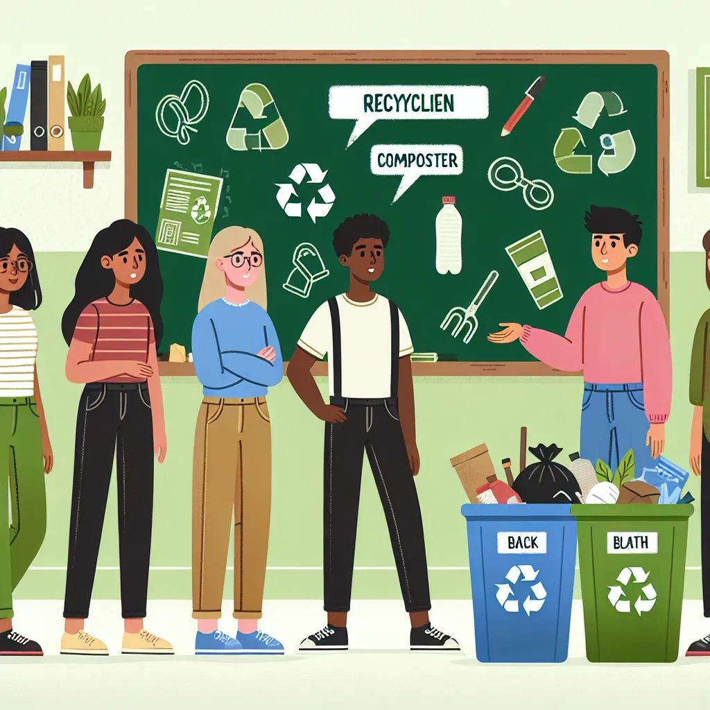 Illustration of a diverse group of students in a school setting, discussing recycling and composting on a chalkboard, surrounded by icons of green products, waste reduction tips, and a recycling bin filled with items.