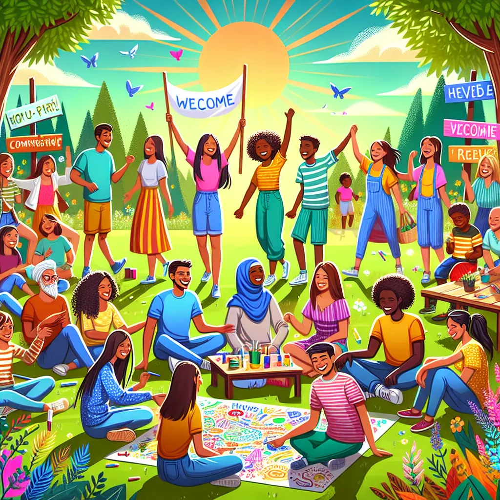 Illustration of a diverse group of students and teachers engaged in a joyful outdoor activity, surrounded by supportive signs and a welcoming environment.
