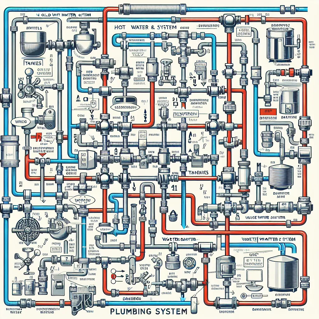 Illustration of a plumbing system diagram showing interconnected supply and drainage subsystems, highlighting their overlap.