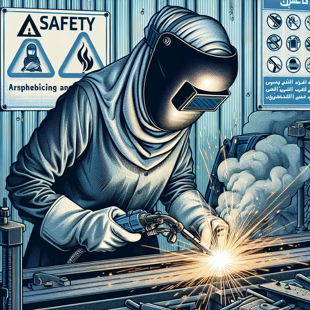 Illustration of a welder in protective gear, with warning signs in the background related to welding gas hazards, like asphyxiation and short-term effects.