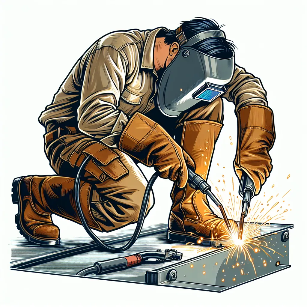 Illustration of a welder equipped with long sleeves, heavy-duty leather boots, and sturdy pants, following OSHA's safety gear recommendations.