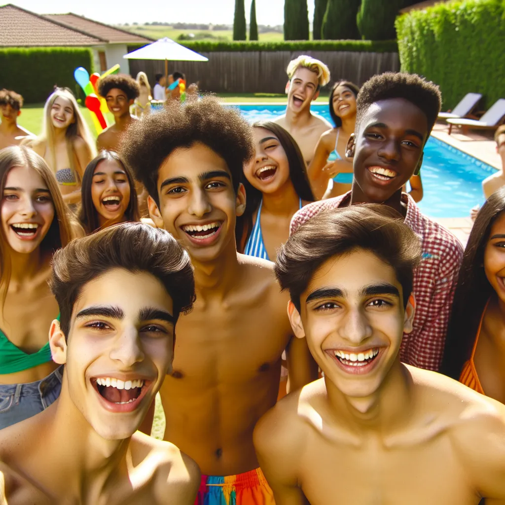 Image description: A group of teenage boys and girls laughing together at a backyard pool party, the boys wearing colorful bikini bottoms.