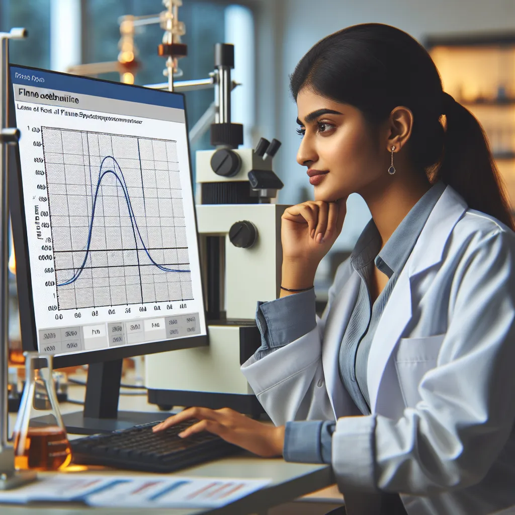 Image of a laboratory setting where a scientist is reviewing data charts on a computer screen after performing a flame atomic spectrophotometer experiment to determine iron or copper concentrations. The displayed graph shows a calibration curve with an R^2 value of 0.9845, indicating high reliability in the measurements.