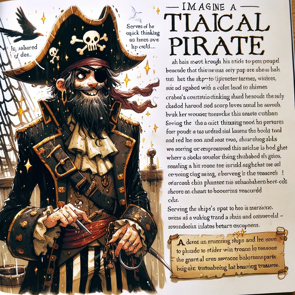 Ahoy, mateys! My name is Captain Jack, and I earned my name because I once saved my crew from a giant sea monster using my quick thinking and a clever plan! As a pirate, I wear a tattered black hat with a skull and crossbones, a flowing coat, and striped pants. I have a patch over one eye and a golden earring that shines like treasure!

My job on the ship is the lookout. I stand high on the crow's nest, searching for other ships to plunder or hidden islands with treasure. My favorite weapon is m