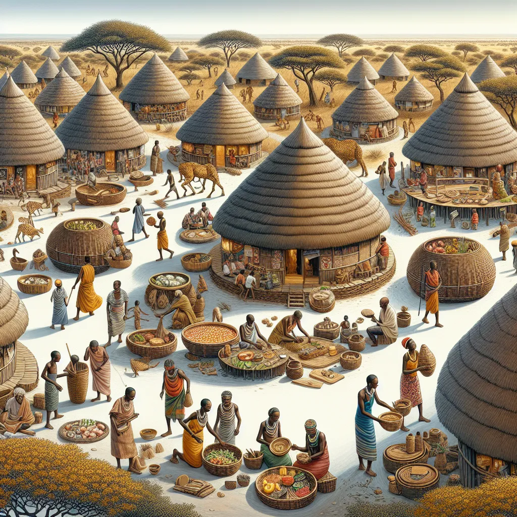 Image of a traditional Botswana village showcasing people engaged in community activities and cultural practices.