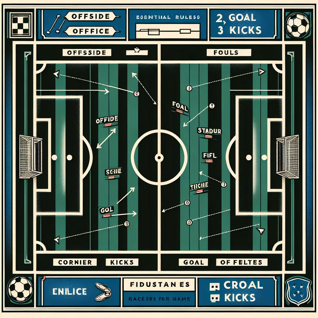 Illustration of a football field with labeled sections highlighting five key rules of the game, such as offside, fouls, goal kicks, corner kicks, and the basic scoring opportunities.