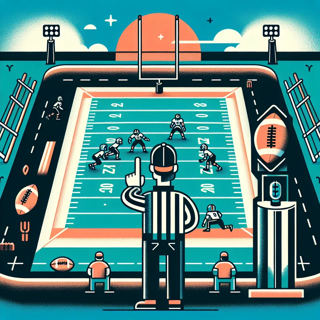 Illustration of an American football field, highlighting key elements like the end zones, goal posts, and a referee signaling a play.