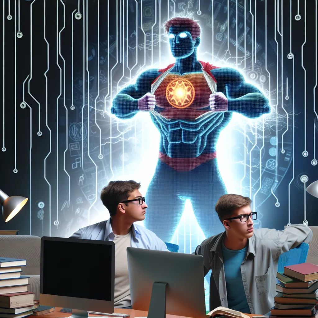 Imagen mostrando a los dos jóvenes nerds investigando en su habitación llena de libros y computadoras, buscando desesperadamente una solución para revertir la transformación de su padre Superman en Ultraman.