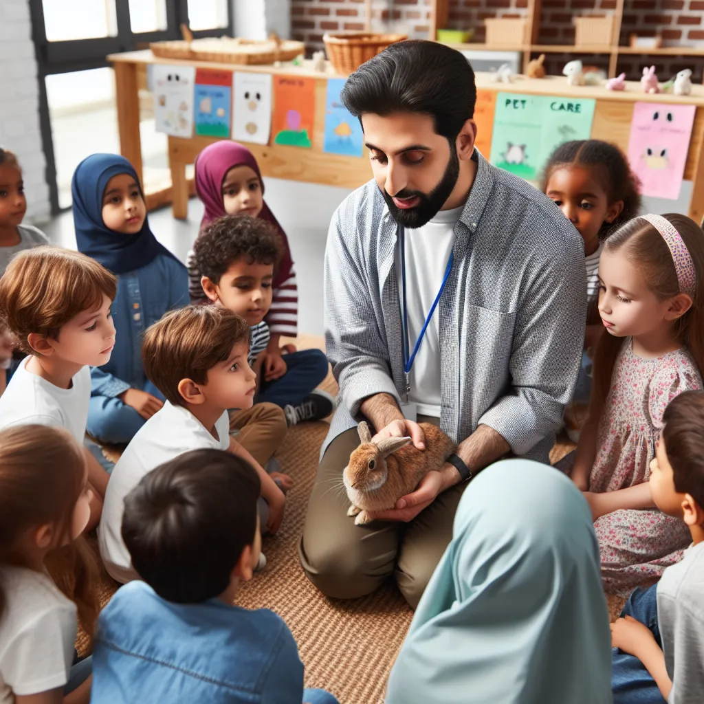 Photograph of a teacher showing children how to gently pet a rabbit at a school animal care event.