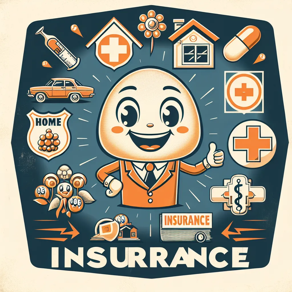 Illustration of a vintage insurance advertisement featuring a friendly mascot surrounded by various insurance symbols like houses, cars, and health icons, showcasing brand recognition over the years.