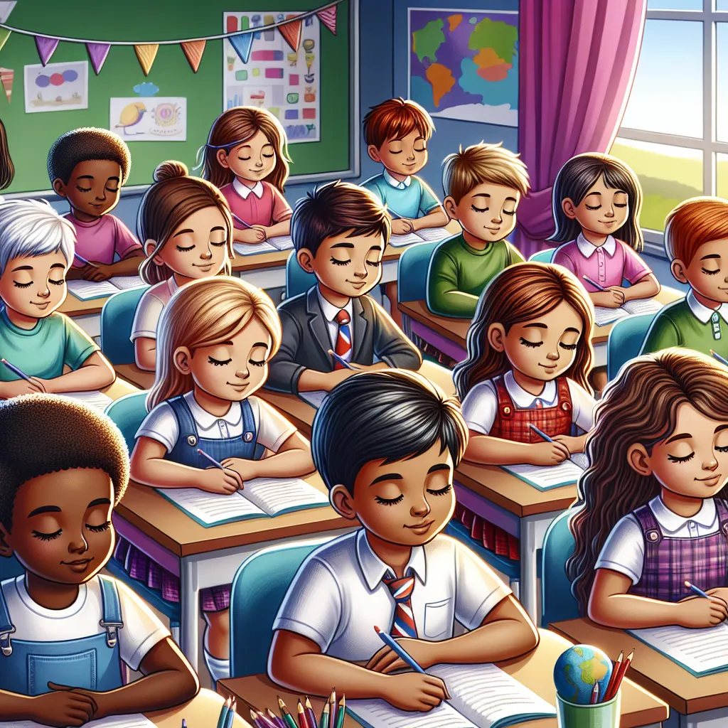 Illustration of a diverse group of elementary school students sitting quietly in a classroom, with focus on their multicultural background and peaceful learning environment.