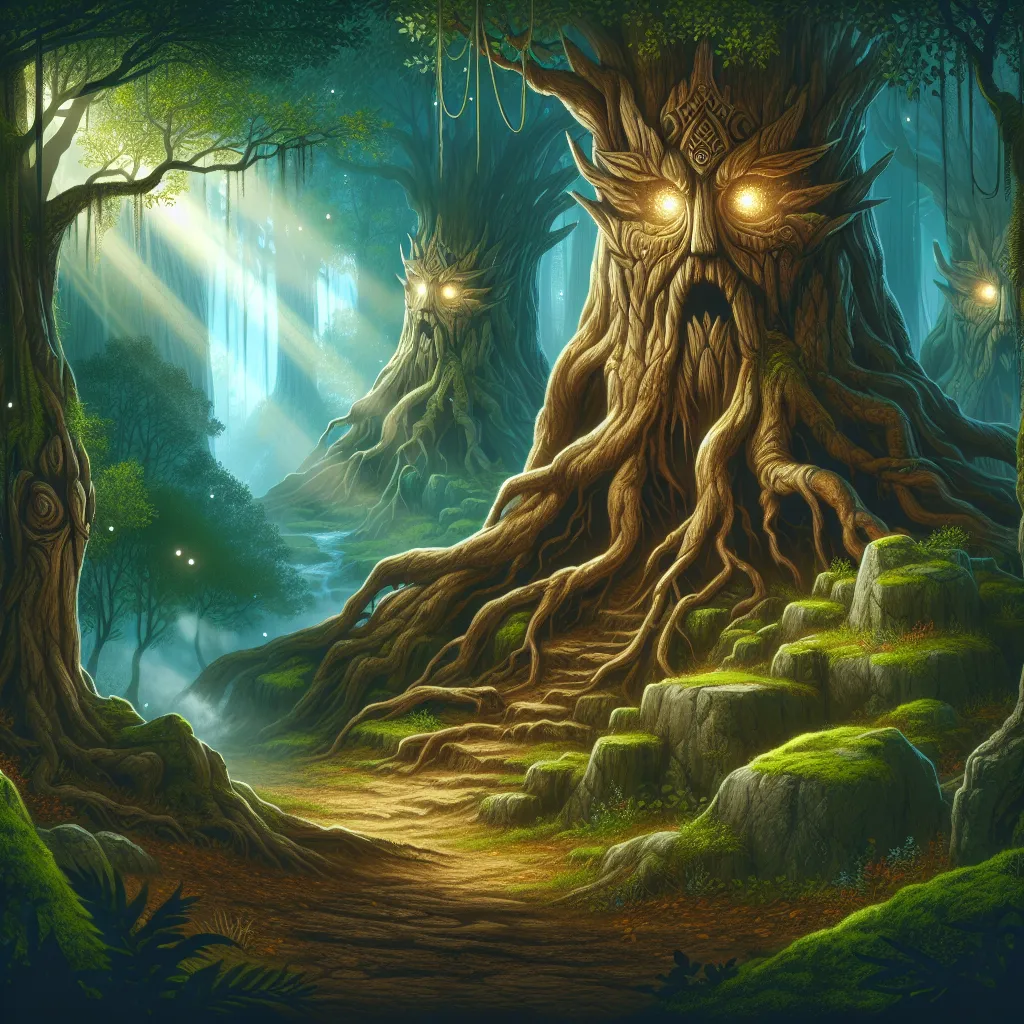 Illustration of ancient trees coming to life in a mystical forest, representing the origin of the Ents from J.R.R. Tolkien's lore.