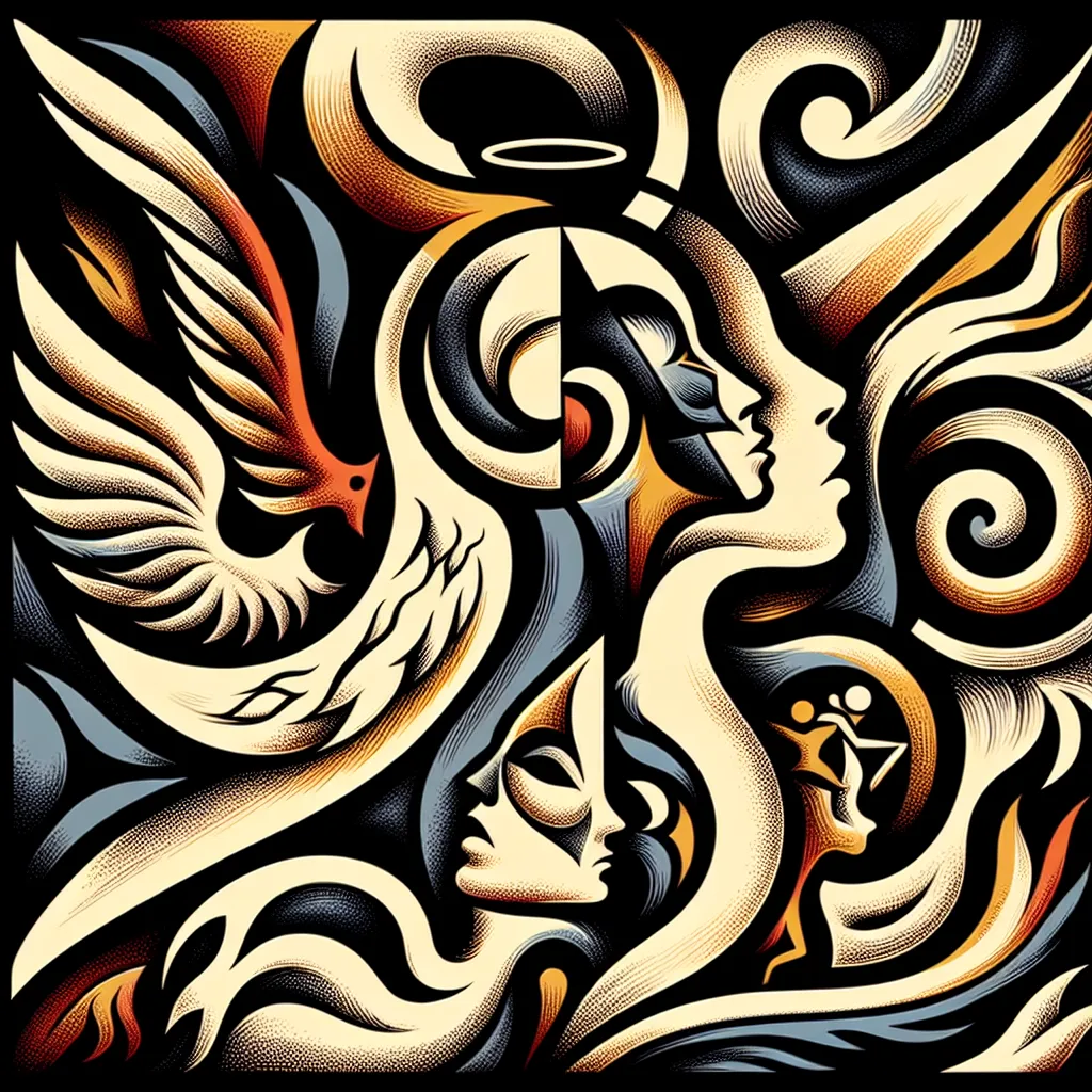 Transformation, Lucifer, Hazbin, Angel, Identity in an abstract style