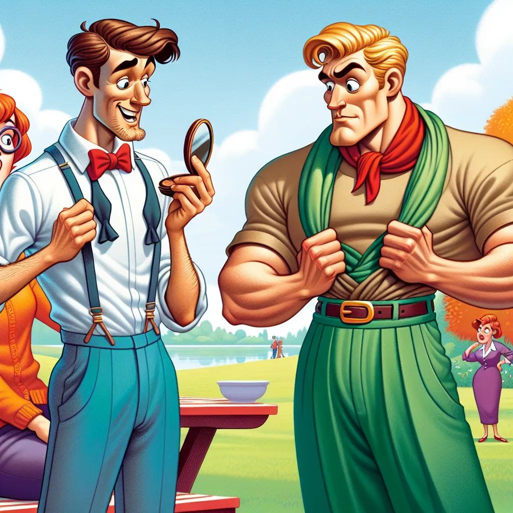 Illustration of Fred and Shaggy in a comical body swap scenario, with Shaggy enjoying Fred's handsome form while wearing Fred's clothes. Shaggy, now in Fred's body, is playfully winking at Velma, while Fred's body looks confused. In the background, a surprised Daphne watches the scene unfold.