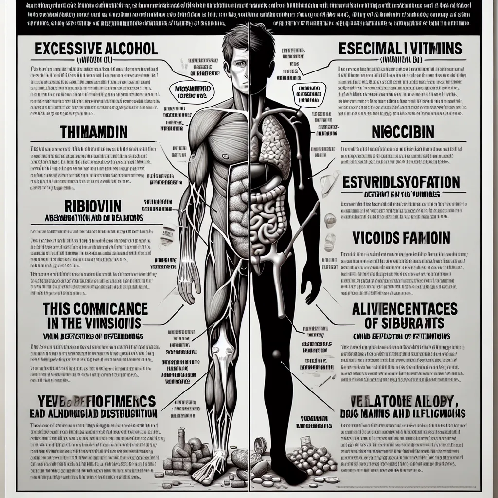 Alcohol consumption can significantly impact the use and metabolism of vitamins in the body. Chronic alcohol use can lead to deficiencies in essential vitamins, particularly B vitamins such as thiamine (B1), riboflavin (B2), niacin (B3), and folate (B9). This occurs because alcohol can interfere with the absorption of these vitamins in the gastrointestinal tract. Additionally, alcohol can alter liver function, affecting the metabolism and storage of vitamins, further exacerbating deficiencies. T