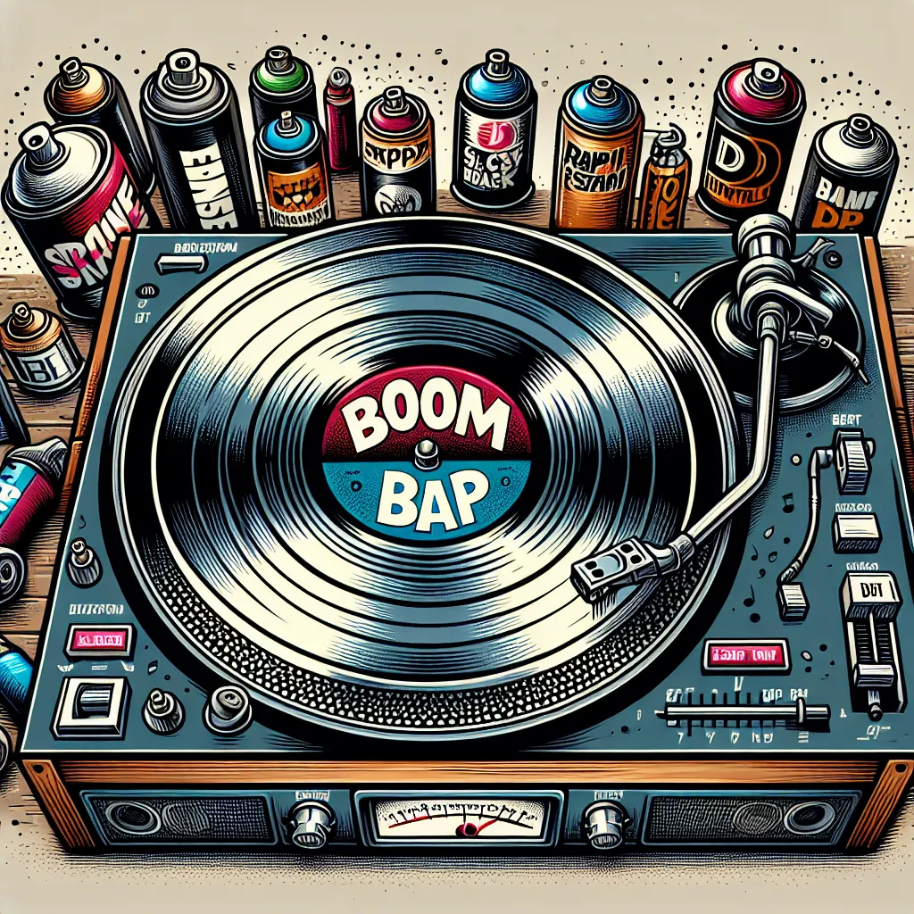 Image of a vinyl record player with records labeled "Boom Bap," surrounded by iconic hip-hop elements like spray paint cans and turntables.