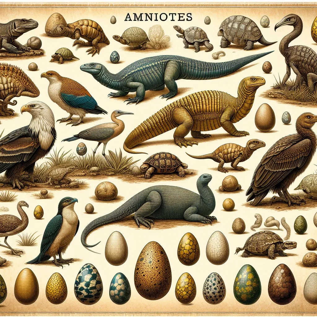 Illustration of a diverse group of amniotes, including reptiles, birds, and mammals, against a textured background showcasing their eggs and habitats.