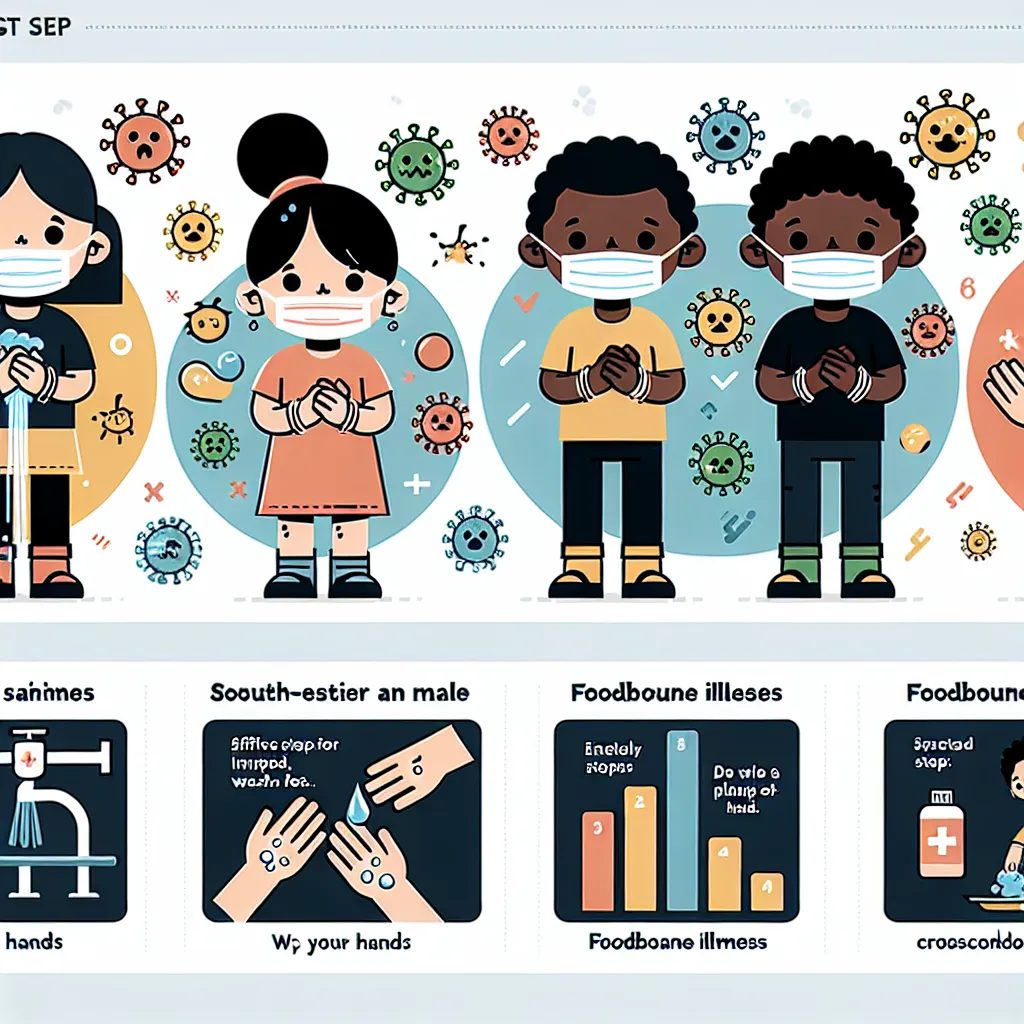 Image of a basic infographic that incorporates visual elements such as:

1. Cartoon drawings of children with diverse backgrounds displaying symptoms of a foodborne illness.
2. Simple graphics showing proper hand washing steps.
3. A bar chart displaying the annual statistics of foodborne illness cases in children aged 2-10.
4. Icons depicting ways to prevent cross-contamination in the kitchen.