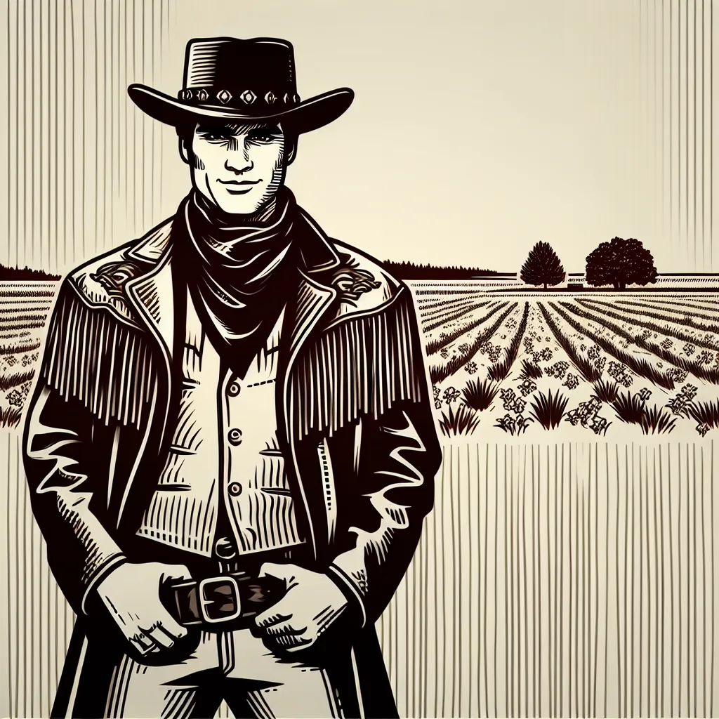 Illustration of a character inspired by Alastor, featuring a cowboy hat, fringed leather jacket, and Western-style boots, standing confidently with a rural background.