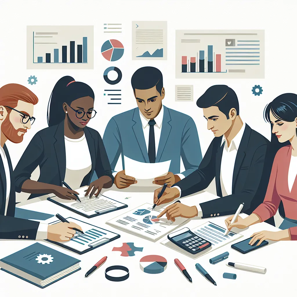 Illustration of a diverse group of people collaborating over paperwork, with financial statements and graphs prominently displayed on a table.