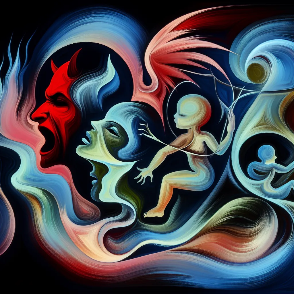 Lucifer, Bebé, Amor, Posesión, Soledad in an abstract style