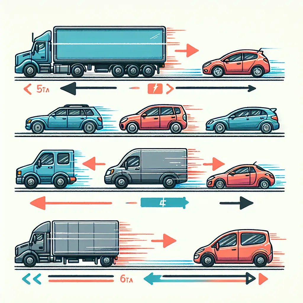 Illustration comparing four vehicles: a large truck driving quickly, a large truck driving slowly, a small car driving quickly, and a small car driving slowly, with arrows indicating their kinetic energy levels.