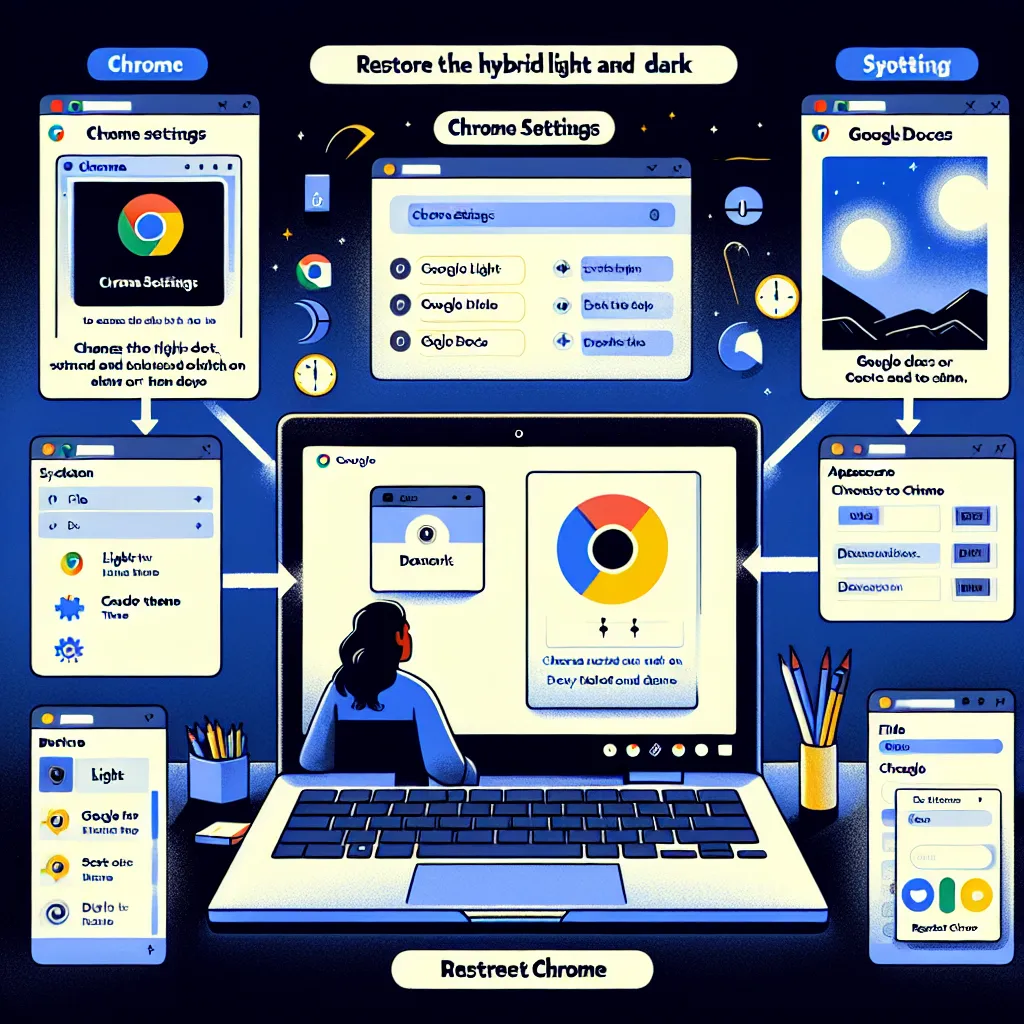 To restore the hybrid light and dark mode on your Chromebook, follow these steps:

1. **Chrome Settings**:
   - Open Chrome, click on the three dots in the upper right corner, and select "Settings."
   - In the left sidebar, click on "Appearance."
   - Check the 'Themes' section to see if it’s set to Dark. If so, change it to the default or Light mode.

2. **System Settings**:
   - Go to your Chromebook’s settings by clicking on the time in the bottom right corner of the screen and selecting the