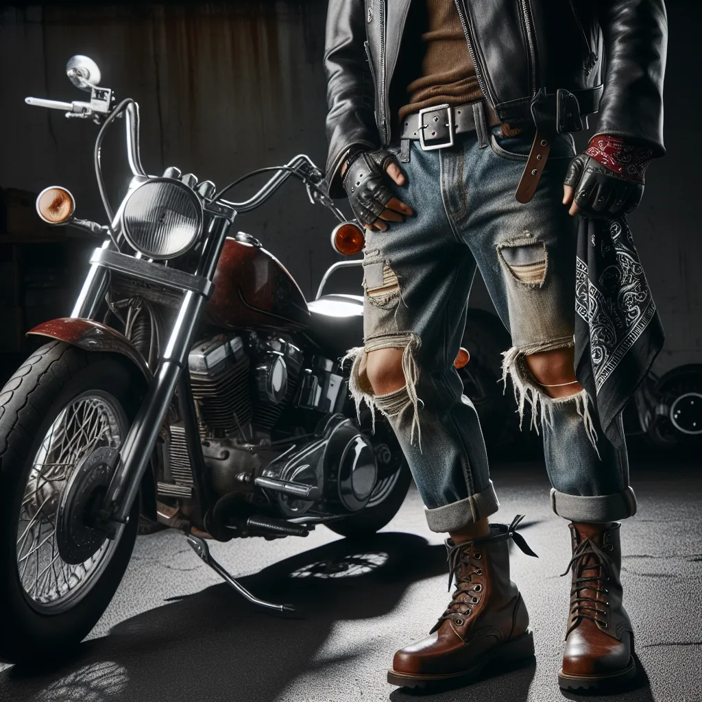 Image of a person wearing classic biker attire: a leather jacket, bandana, ripped jeans, and sturdy boots, standing next to a motorcycle.