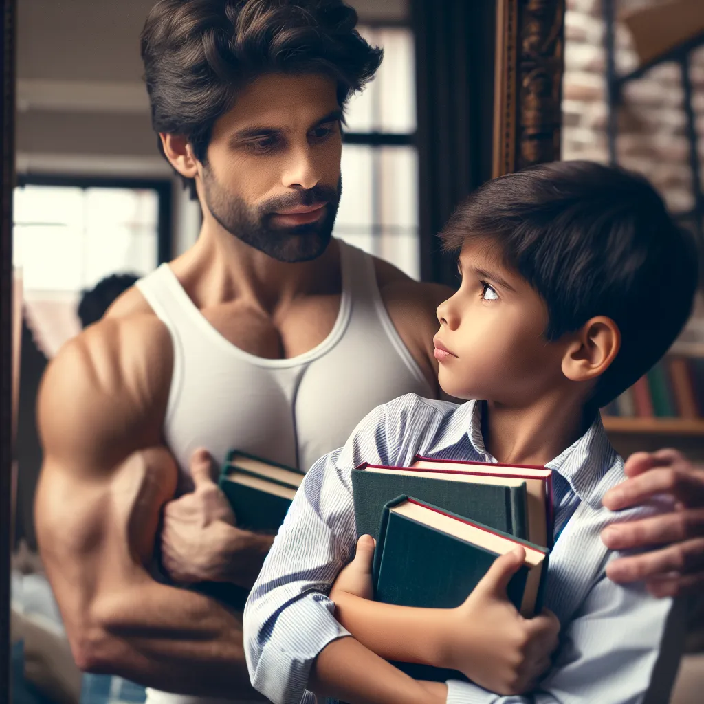 Imagen de un joven de aspecto amable y tranquilo, con libros en brazos, mirando a su padre, un hombre musculoso y atractivo enfocado en sí mismo frente a un espejo. La escena evoca una tensión emocional en un ambiente doméstico.