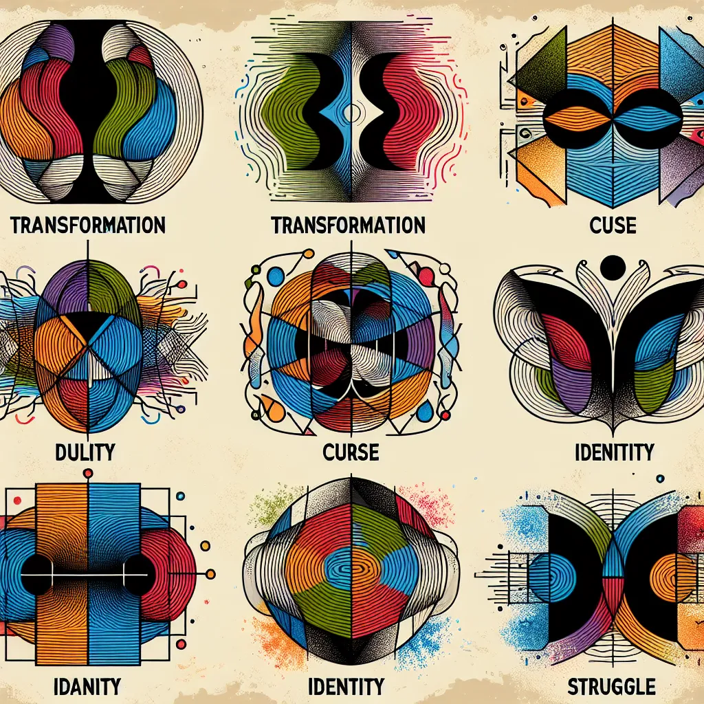 Transformation, Curse, Identity, Duality, Struggle in an abstract style