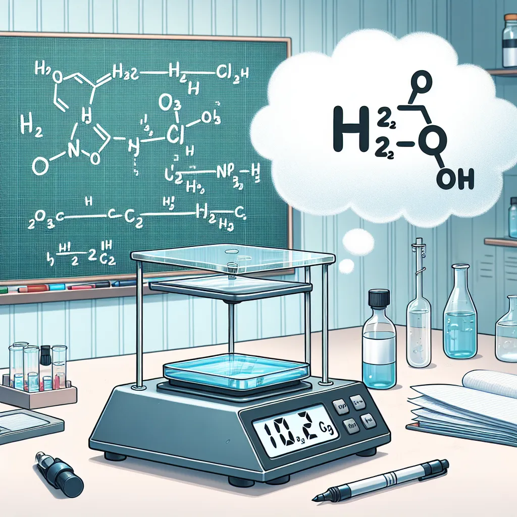 Illustration of a chemistry lab scene showing a scale with 10.2 grams of H2O, a balanced chemical equation, and a thought bubble with the molecular structure of H2.